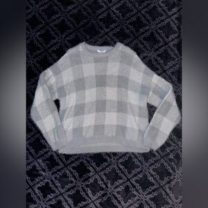 White and grey plaid fluffy sweater